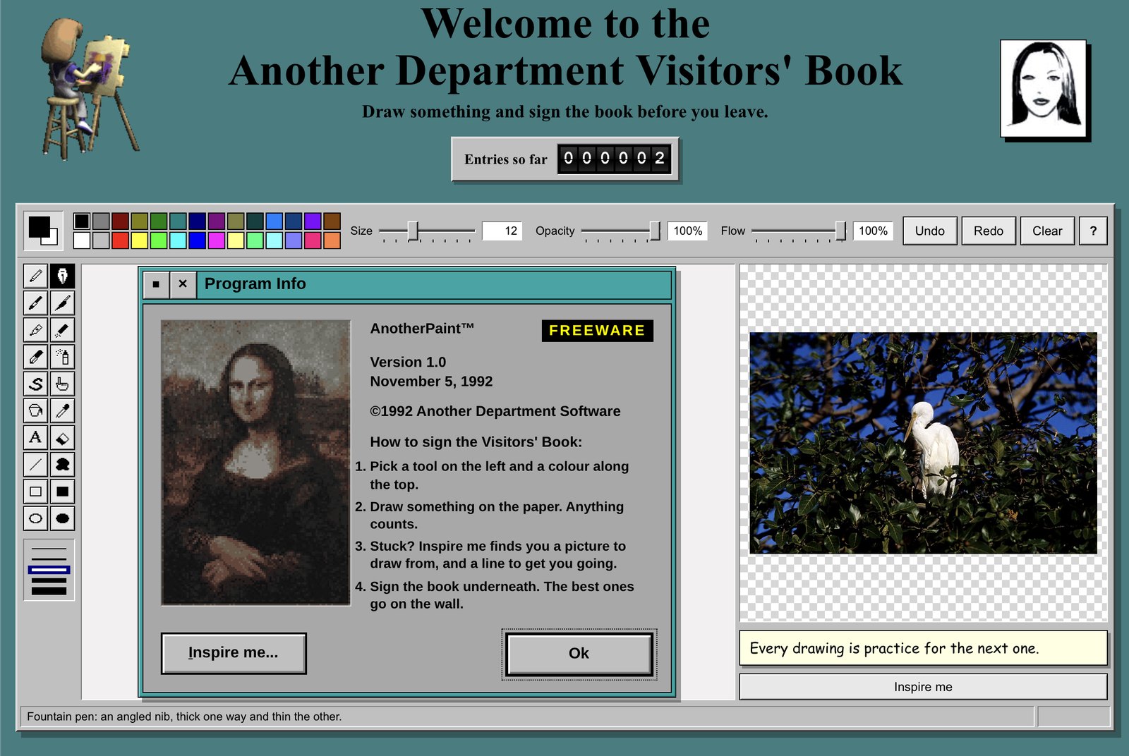 The Visitors' Book: a drawing board with a palette, brushes and tools, and a picture to draw from